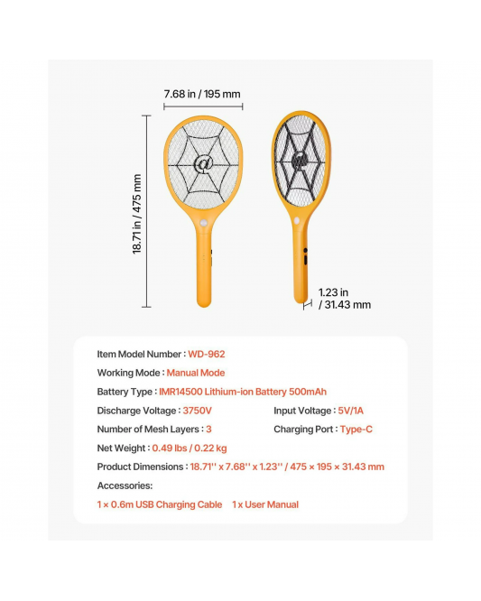 USB Rechargeable Electric Fly Swatter - 500mAh Battery & 3 Layers Mesh for Instant Bug Zapping (Yellow & Black)