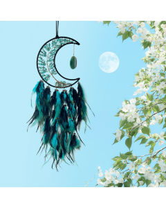 Handmade Bohemian Dreamcatcher, Green Crystal Moon & Tree of Life with Black Green Feathers