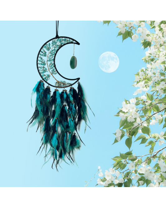 Handmade Bohemian Dreamcatcher, Green Crystal Moon & Tree of Life with Black Green Feathers