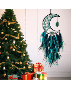 Handmade Bohemian Dreamcatcher, Green Crystal Moon & Tree of Life with Black Green Feathers