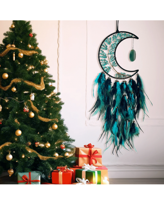 Handmade Bohemian Dreamcatcher, Green Crystal Moon & Tree of Life with Black Green Feathers