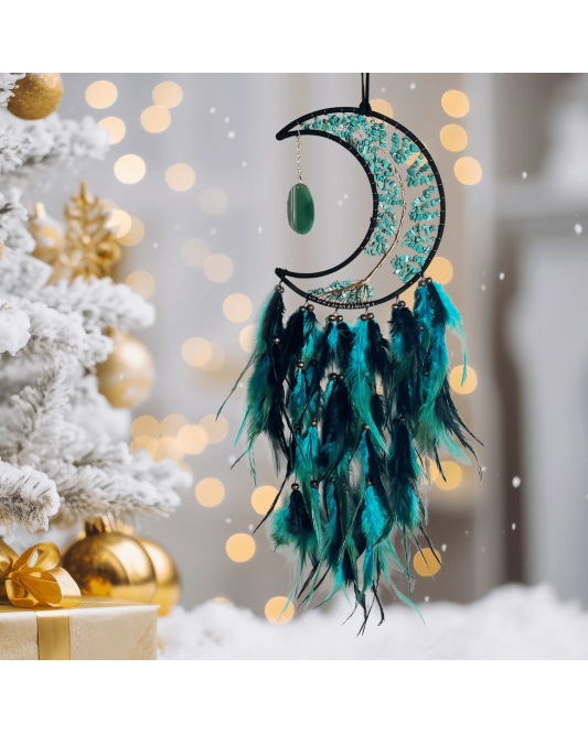 Handmade Bohemian Dreamcatcher, Green Crystal Moon & Tree of Life with Black Green Feathers
