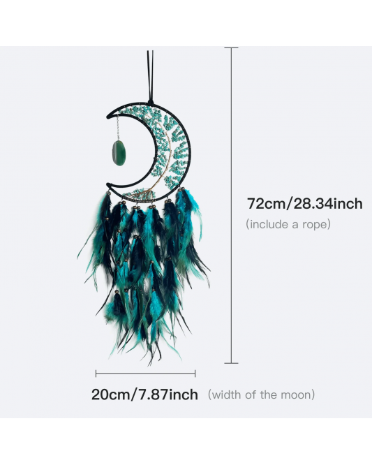 Handmade Bohemian Dreamcatcher, Green Crystal Moon & Tree of Life with Black Green Feathers
