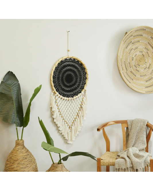 Solid Handmade Intricately Woven Macrame Dreamcatcher Wall Decor with Beaded Fringe Tassels