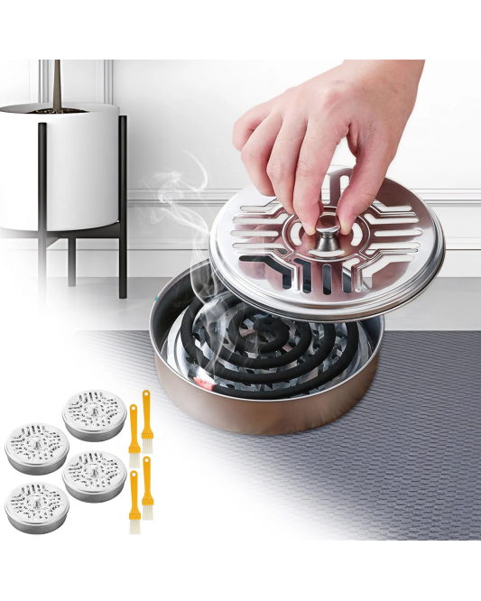 Bdday 4pc Stainless Steel Mosquito Coil Box Portable Mosquito Coil Holders and Heat Mosquito Coil with 4 Brushes