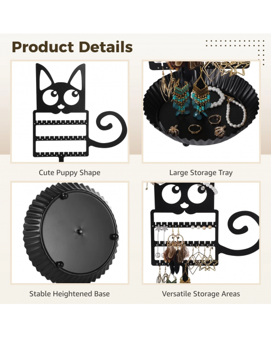 Dog Shaped Earring Holder Organizer, Creative Jewelry Display Stand with Spiral Tail, Black Metal Earring Organizer with Round