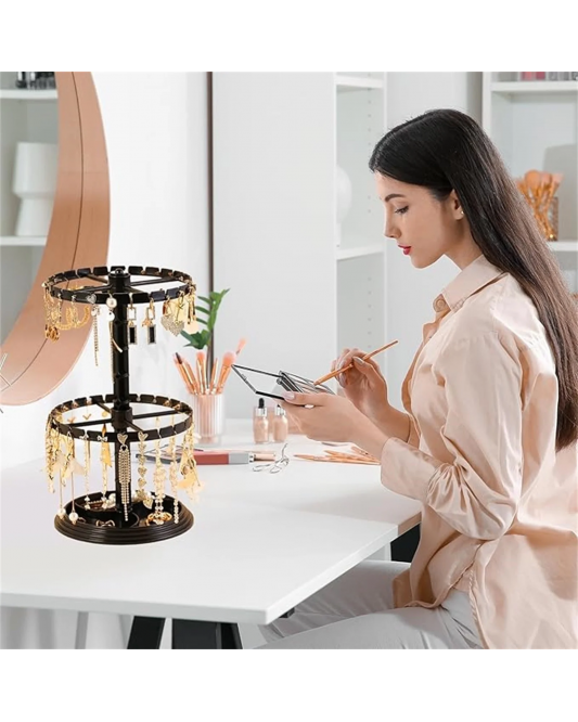 Acrylic Jewelry Organizer Stand | 2 Tier Rotating Jewelry Display Tower | Spinning Necklace Rack with Multiple Grooves Acrylic Jewelry Organizer Stand | 2 Tier Rotating Jewelry Display Tower | Spinning Necklace Rack with Multiple Grooves